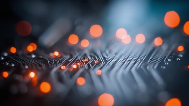 Digital Nexus: A detailed macro shot unveils the intricate pathways of a circuit board, punctuated by vibrant points of light that illuminate the complex network of data and technology.