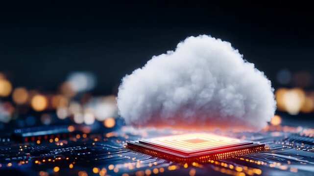 Cloud Computing visualized: A conceptual image depicts a fluffy cloud resting atop a computer chip, illuminated with a warm glow, representing the power and potential of data storage and processing.