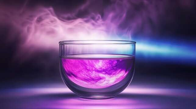 Glass cuvette filled with vibrant purple liquid in scientific setup