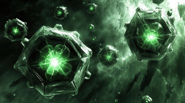 Futuristic nanobots swarm assembling complex geometric structures with glowing green energy in a dark void