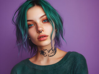 Confident young woman with teal hair and septum piercing on purple background