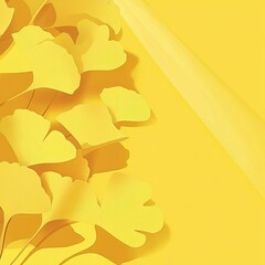 Yellow Ginkgo leaves, paper art, sunlight, yellow background, product mockup
