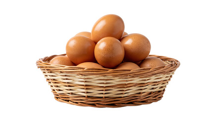 Brown eggs piled in a woven basket showcasing their smooth texture and natural color on a clean surface object on white and png
