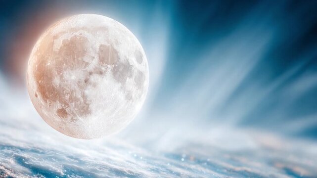 Celestial Glow: Capturing the ethereal beauty of a full moon amidst swirling atmospheric patterns, a serene and awe-inspiring moment of cosmic grandeur. 