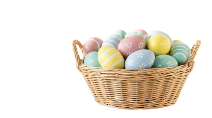 Pastel colored eggs arranged in a wicker basket creating a festive springtime decoration studio shot on white and transparent