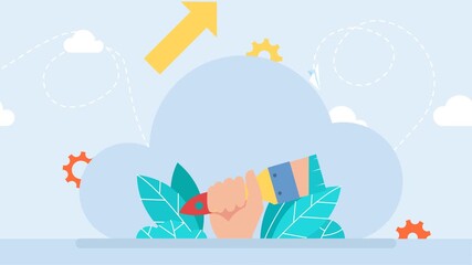 Businessman is holding a brush with paint. In hand paintbrush. Paintbrush appears from below. Drop of paint drips. Template painting service. Renovation, repairs, maintenance. 2d flat animation