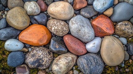 A detailed close up of smooth river stones in diverse colors and shapes forming a natural background texture