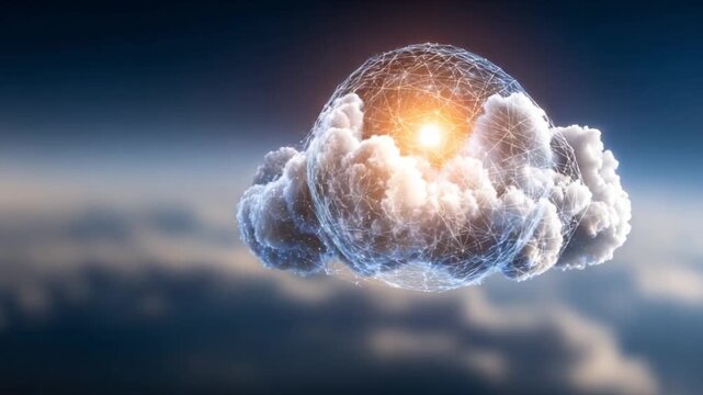 Cloud Globe Concept: An ethereal orb of light nestled within a cloud formation, symbolizing the interconnectedness of global data and technology.