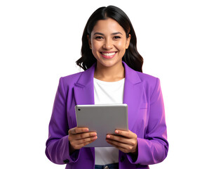 Cheerful woman in a purple jacket holds a tablet, smiling against isolated on a transparent background.