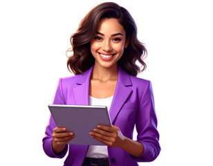 Cheerful woman in a purple jacket holds a tablet, smiling against isolated on a transparent background.