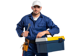 Confident Male Plumber with Toolbox and Pipe Wrench, isolated on a transparent background.