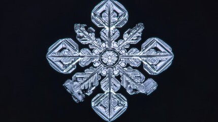 A detailed macro view of a perfect, intricate ice crystal snowflake with symmetrical geometric patterns against a dark background