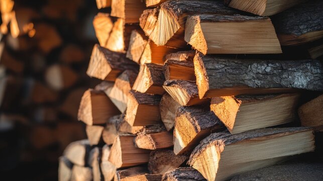A detailed stack of dry brittle cracked weathered firewood logs prepared for burning fuel - Powered by Adobe