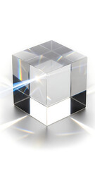 Fototapeta premium Abstract optical glass cube showcasing light refraction and reflection on a clean studio setting