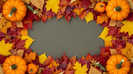 Autumn frame background with pumpkins and colorful fallen maple leaves surrounding dark grey copy space for thanksgiving or halloween seasonal greetings and festive holiday advertisements