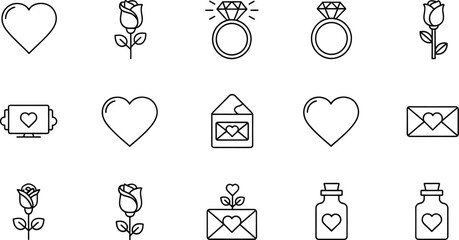 Collection of romantic line art icons including hearts, roses, rings, and love letters