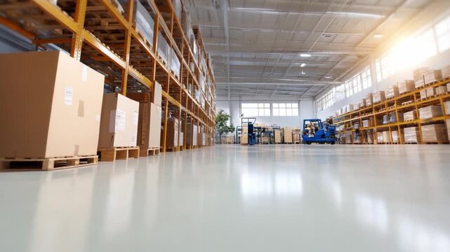 Warehouse with Boxes: An expansive warehouse showcases organized rows of packages neatly arranged on tall shelves, ready for shipment and distribution.