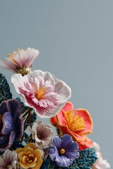Colorful floral arrangement featuring intricate blossoms in various shades, showcasing artistry and craftsmanship, perfect for celebrating beauty and nature in a minimalistic style