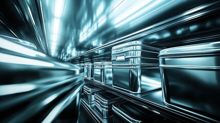 Naklejka premium Metallic shelving units packed with various sizes of silver storage containers in a clean organized industrial facility