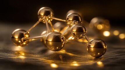 Miniature sculpted metal spheres interconnected in a golden molecular structure
