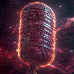 A futuristic neon microphone floating in deep space, glowing with electric blue, hot pink, and violet lines. Intricate digital circuit patterns spiral around the mic, radiating light. The background f