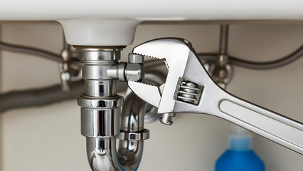 Close-up of adjustable wrench tightening pipe fitting under sink, chrome metal tool in action, demonstrating plumbing repair work with clean, shiny surfaces