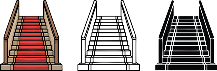 Staircase silhouette & Outline and illustration set isolated on transparent background