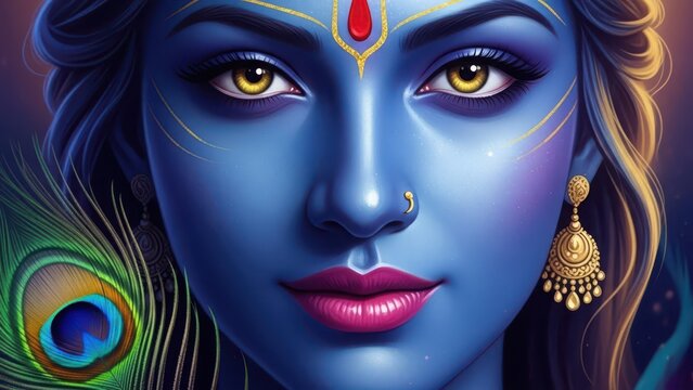 Vibrant blue Krishna face with gold accents and peacock feather