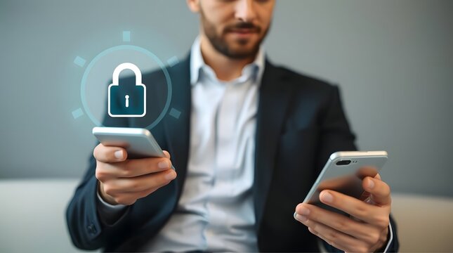 Know your customer (KYC) concept, Businessman using laptop and smartphone with identity verification symbol for Increase financial security and access personal financial data. Biometrics security. - Powered by Adobe