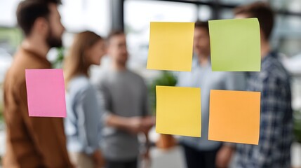 A team collaborates around colorful sticky notes on a glass wall brainstorming ideas and planning projects in an office setting