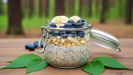 Healthy overnight oats with blueberries and banana in a jar, garnished with fresh leaves, served on a wooden surface, showcasing a nutritious breakfast option