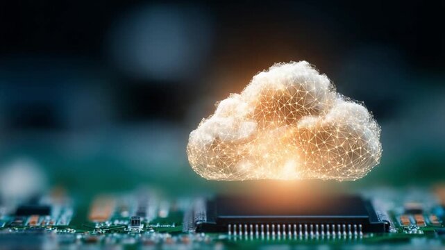Cloud Computing Technology: A luminous cloud of digital data hovers above a computer chip, representing the evolution of modern information technology and showcasing cloud computing