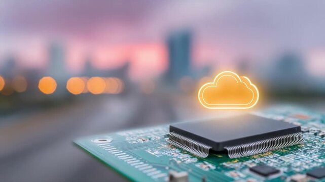 Cloud Computing Concept: A digital representation of a cloud hovers above a computer chip, symbolizing data storage and accessibility in the modern era of cloud computing. The backdrop, a cityscape.