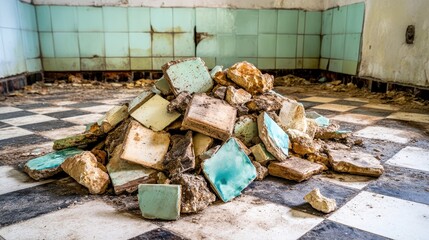 Pile of broken ceramic tiles scattered on a weathered floor
