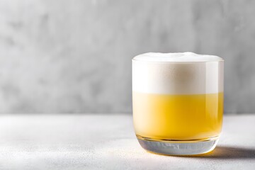 Refreshing cocktail in a clear glass with frothy top, showcasing vibrant yellow hues, set against a minimalistic gray background, perfect for summer gatherings and celebrations