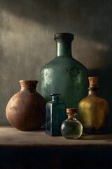 Still life composition featuring various aged glass and ceramic bottles with visible textures, showcasing the beauty of imperfection and the passage of time in a rustic setting