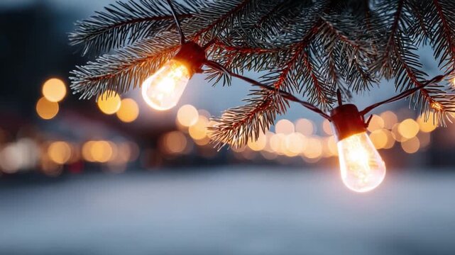 Winter Lights: The enchanting scene of a string of vintage lights adorning a evergreen branch against a soft bokeh background, evoking warmth and festive spirit.