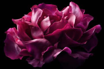 Magenta rose petals blooming against a dark background