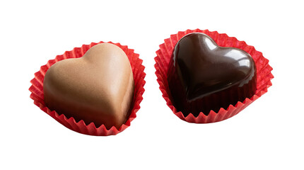 Two heart shaped chocolates in red paper cups on a white background showcasing their glossy surfaces and colors object on white and png