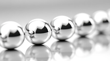 Polished stainless steel spheres of decreasing size create a visually appealing abstract composition with reflections and highlights