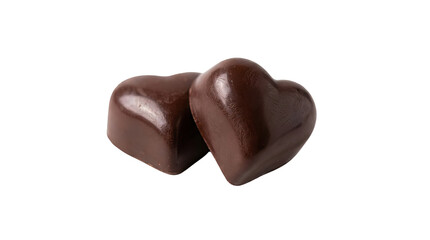 Two heart-shaped chocolate candies placed closely together on a plain background on white and transparent