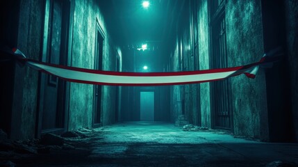 Red and white hazard caution tape stretched taut across a dark, eerie corridor with textured walls and dim lighting