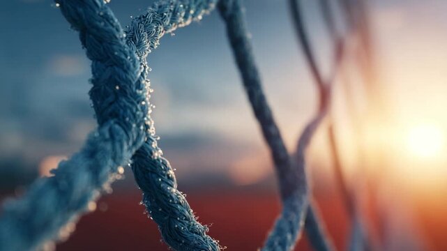 Braided Rope's Texture: Close-up of intertwined rope textures with droplets, illuminated by sunlight. This scene is a study in textures and lines. 