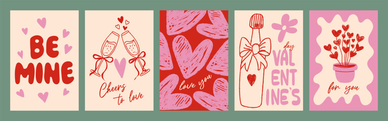 Minimalist Valentine&rsquo;s Day card set with hand drawn hearts and romantic illustrations. Clean vector designs perfect for greeting cards, love notes, prints, and holiday decor.	
