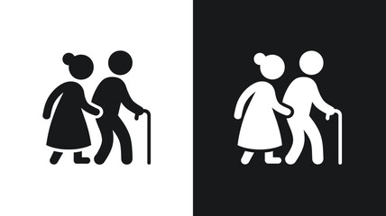 Elderly Couple Walking Together in Simple Silhouette Design with Cane Support in Black and White Contrast for Healthcare Iconography