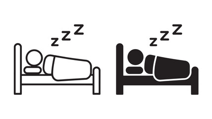 Sleeping person in minimalist bed with zzz symbol in simple line art style with black and white color scheme for health and wellness icon