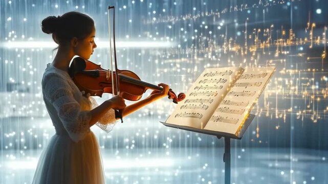 Watch a talented violinist perform in a stunning light display. Feel the music and let your imagination soar with this captivating artistic video. AI
