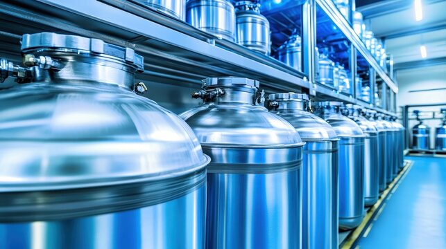 Rows of shiny metal industrial containers with pressure seals in a clean manufacturing facility