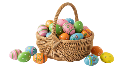 Colorful easter eggs spilling out of a woven basket creating a festive springtime display high-key lighting with cutout object