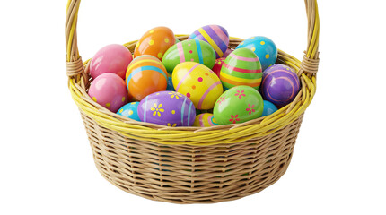 Colorful easter eggs in a woven basket showcasing a variety of pastel shades and decorative patterns high-key lighting with cutout object